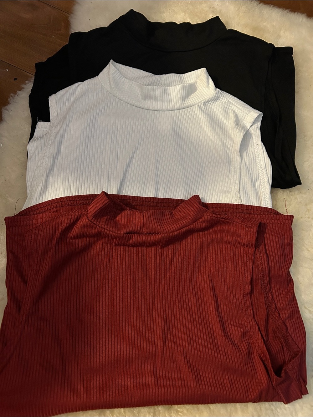 Lot of 3 Ribbed Mock Neck Women’s Tops - Black, White & Burgundy- Large